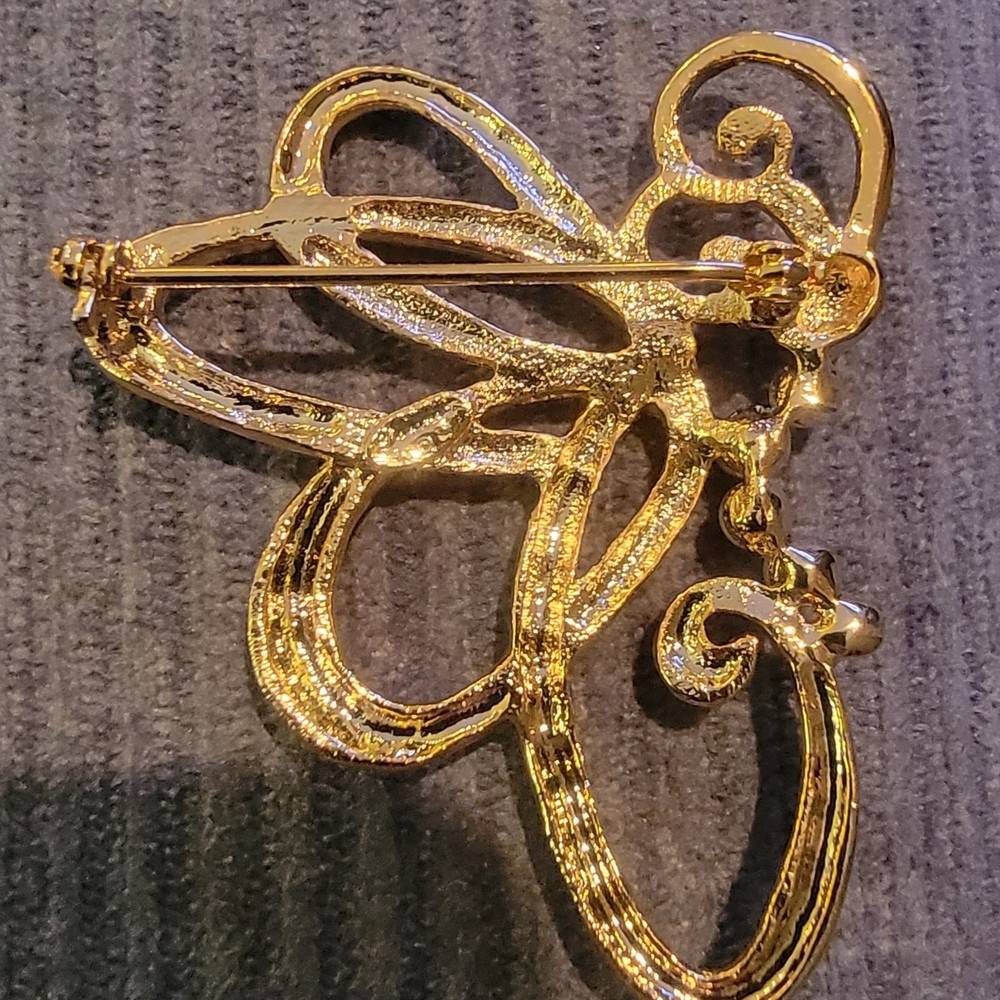 Set of 3 vintage goldtone Brooches/Pins Flower, Butterfly, Goldtone Faux Pearl - Picture 8 of 10